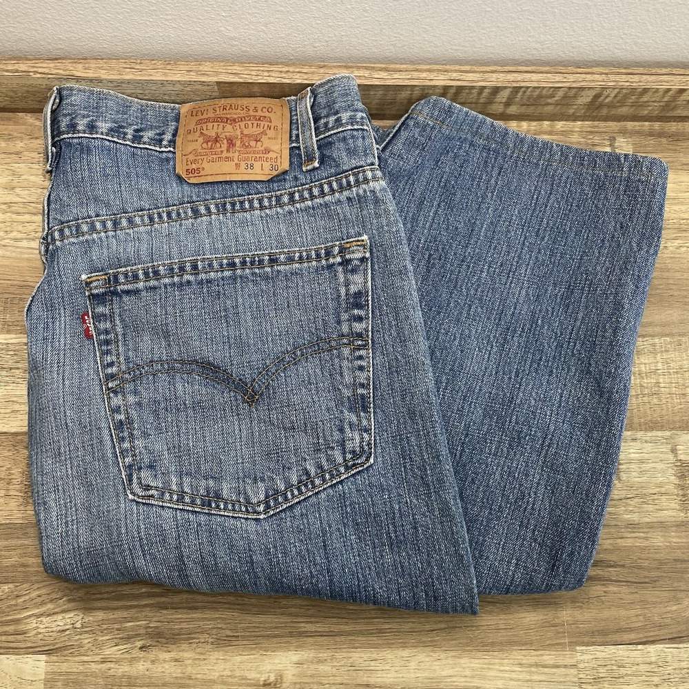 Levis 505 Straight Denim Jeans Mens Tag 38x30 - Actual 37x27 - Picture 1 of 9
